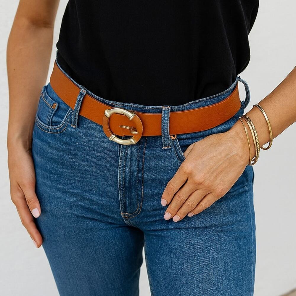 Talbots SZ XS 1.5" Camel Colored Leather Belt With Round Silver & Leather Buckle